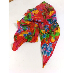 Scarf Rectangle Narrow Thin 66" X 6" Red Yellow Blue Hawaiian Floral